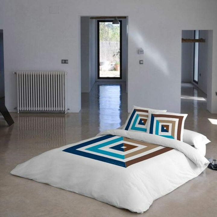 Bettdeckenbezug Visual Doppelmatratze mit geometrischem Design in Blau und Braun. Hochwertige Bettwäsche.