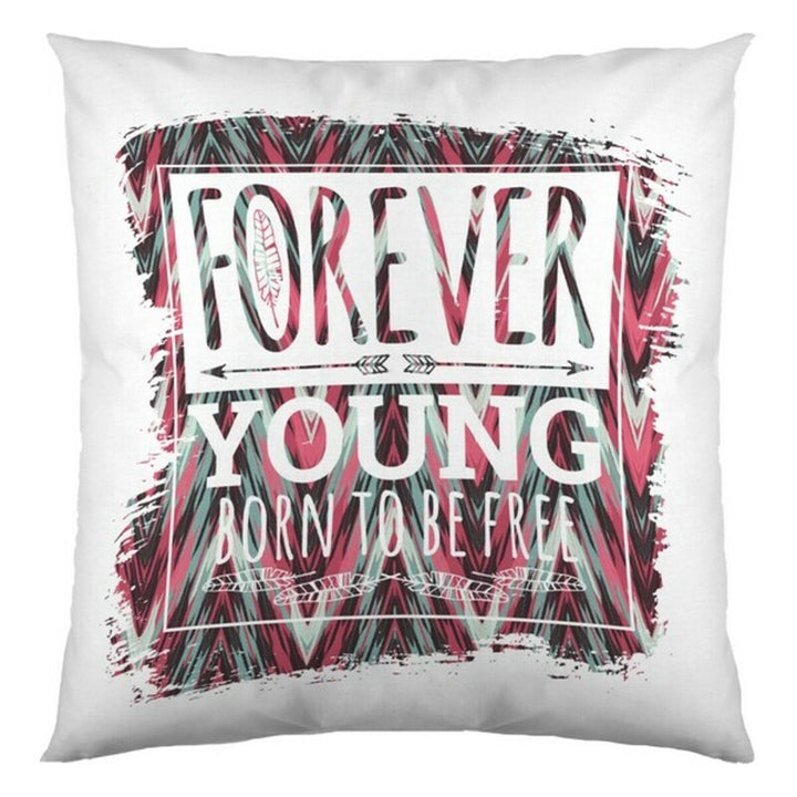 Weißer Kissenbezug mit 'Forever Young' und bunten Mustern. Cool Kids Kissen.
