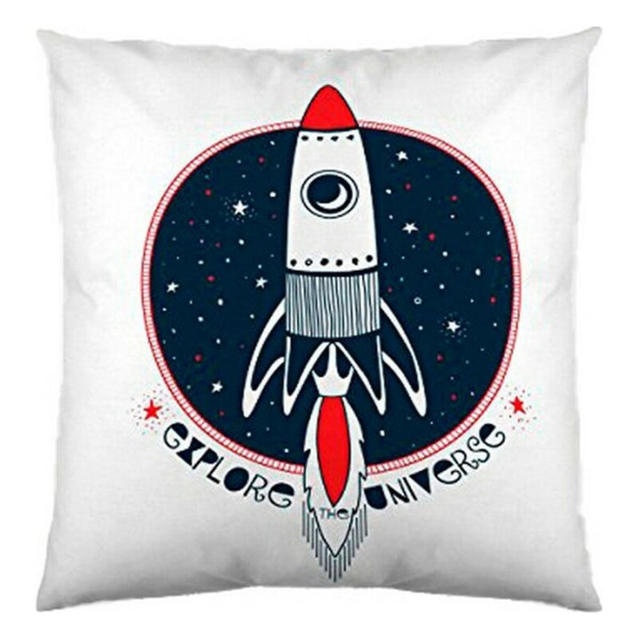 Weißer Kissenbezug mit Rakete und Sterne-Design. Cool Kids Kissen mit Explore the Universe.