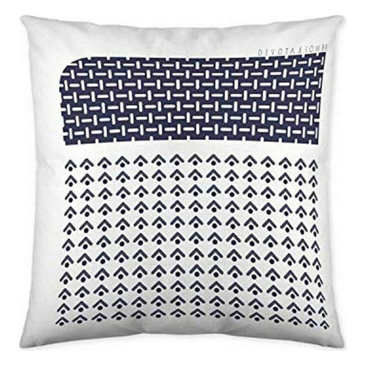 Weißer Kissenbezug (60x60cm) mit marineblauem geometrischen Muster.