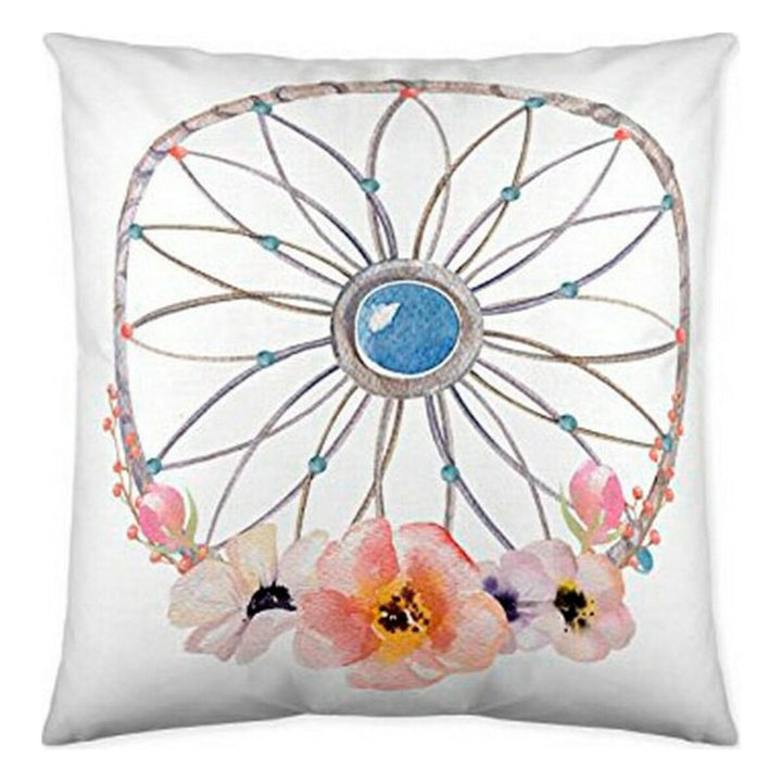 Weißer Kissenbezug (50x50 cm) mit Traumfänger und Blumen-Design.
