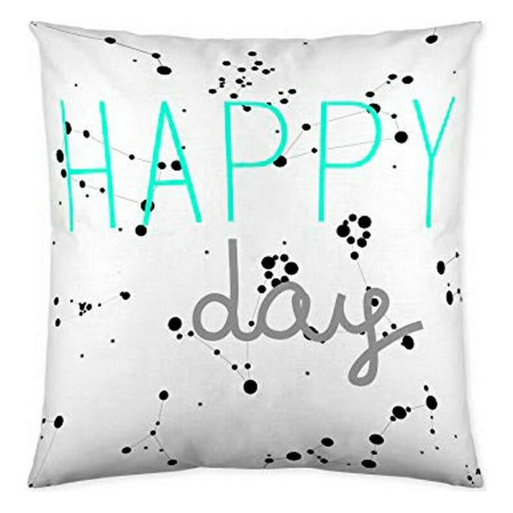 Weißer Kissenbezug mit 'Happy Day' Schriftzug und Sternbild Muster.