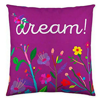 Lila Kissenbezug mit bunten Blumen und 'dream!' Schriftzug. Dekorativer Costura Luka Kissenbezug.