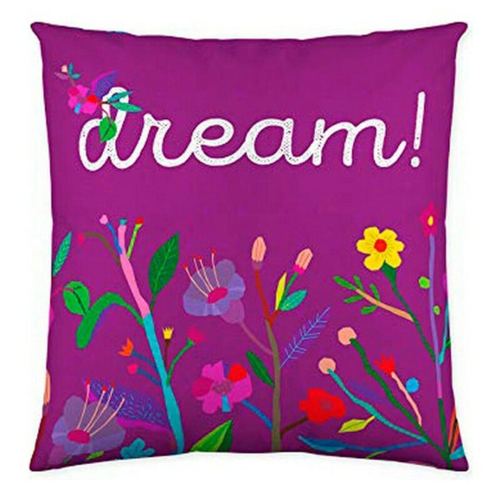 Lila Kissenbezug mit bunten Blumen und 'dream!' Schriftzug. Dekorativer Costura Luka Kissenbezug.