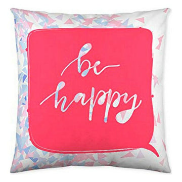 Quadratischer Kissenbezug mit 'be happy' Schriftzug und bunten Dreiecken. Kissen Nerta (50x50 cm).