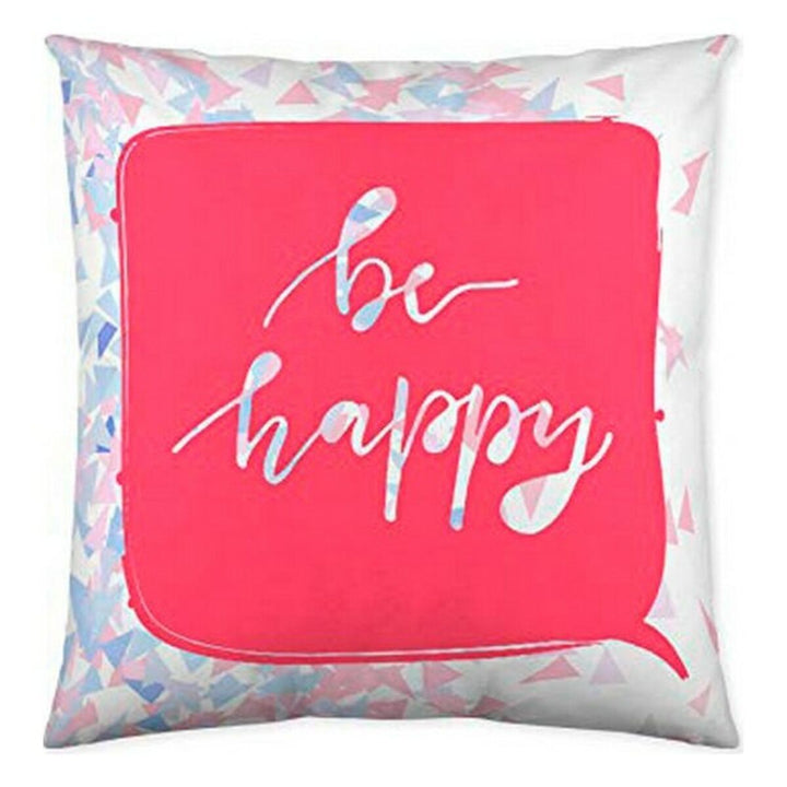 Quadratischer Kissenbezug mit 'be happy' Schriftzug und bunten Dreiecken. Kissen Nerta (50x50 cm).
