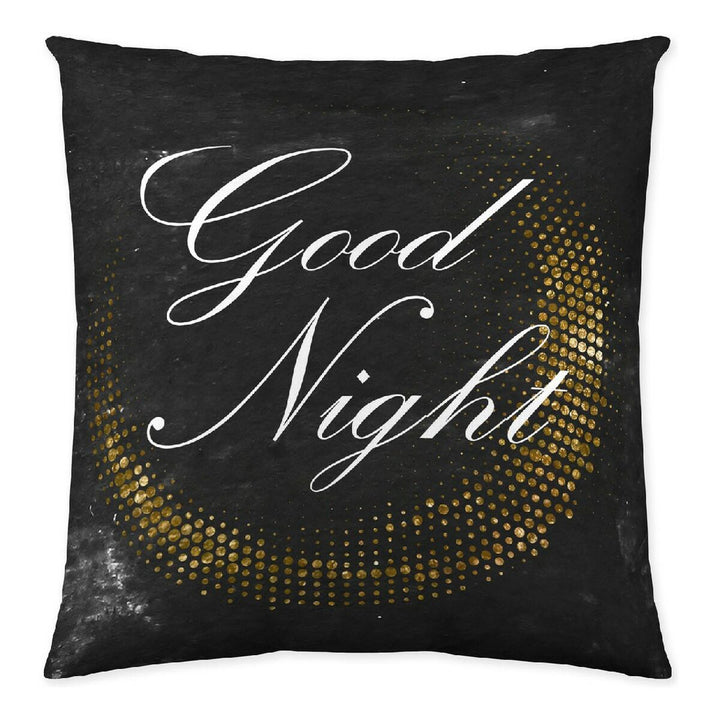 Schwarzer Kissenbezug mit 'Good Night' Schriftzug und goldenem Punktmuster für Schlafzimmer.
