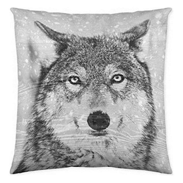Icehome Akira Kissenbezug mit Wolf-Motiv, 60x60 cm. Grauer Kissenbezug mit Wolfsgesicht.