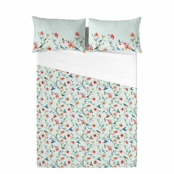 Hellblaues Lua Dreams Oberlaken-Set mit Vogel- und Blumenmuster für Schlafzimmer.