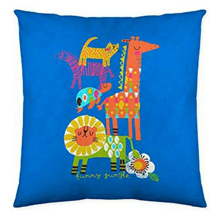 Blauer Kissenbezug mit Dschungeltieren, cooles Design für Kinder. Lustiger Dschungel Look.