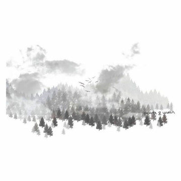 Bettdeckenbezug Devota & Lomba Hisa mit Waldmotiv in Graustufen: Bäume, Wolken und Vögel.