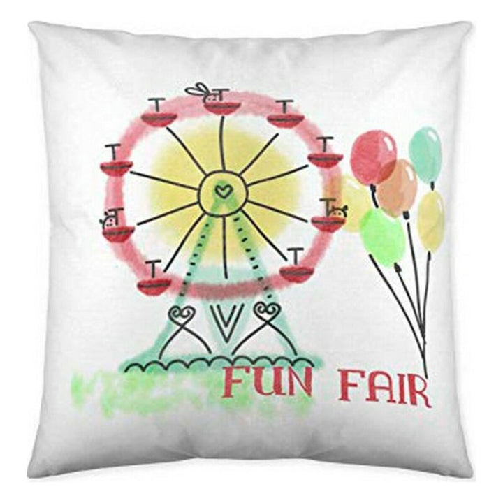 Weißer Kissenbezug mit Jahrmarkt-Motiv und bunten Ballons für Kinder.