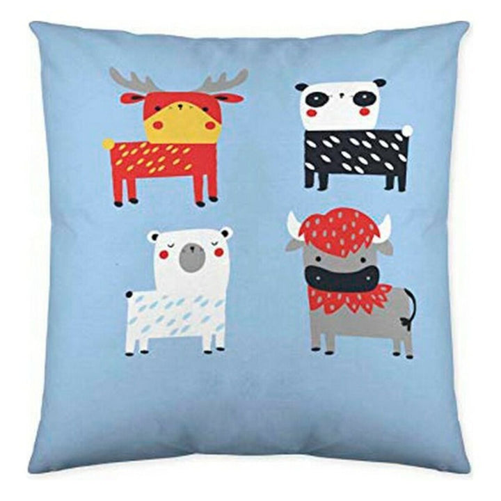 Blauer Kissenbezug mit Tiermotiv. Cool Kids Planet Earth Kissen mit Elch, Panda, Eisbär und Stier.
