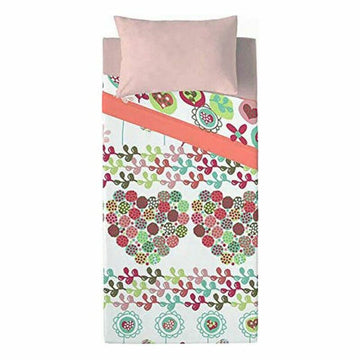 Bettwäsche-Set mit Blumen- und Herzmuster. Einzelmatratze mit rosa Kissenbezug.