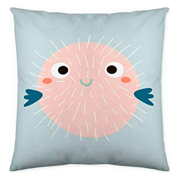 Hellblauer Kissenbezug mit rosa Ballonfisch-Motiv. Dekorativer Costura Kissenbezug.