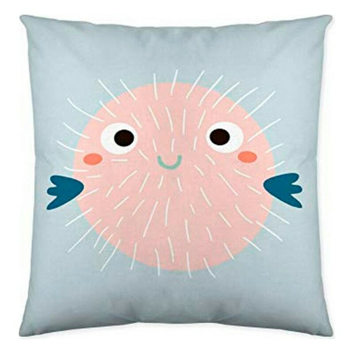Hellblauer Kissenbezug mit rosa Ballonfisch-Motiv. Dekorativer Costura Kissenbezug.
