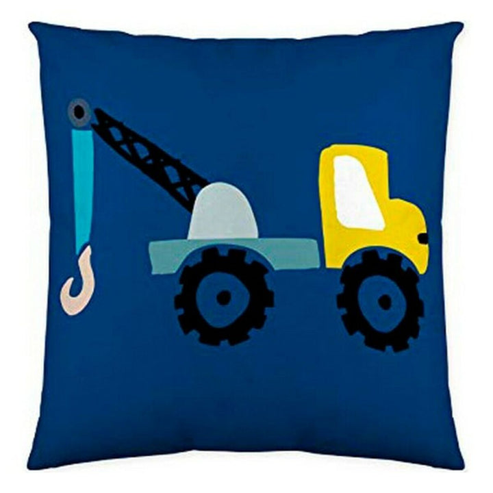 Blauer Kissenbezug mit Baukran-Motiv. Costura Construction Kissen mit bunten Farben.