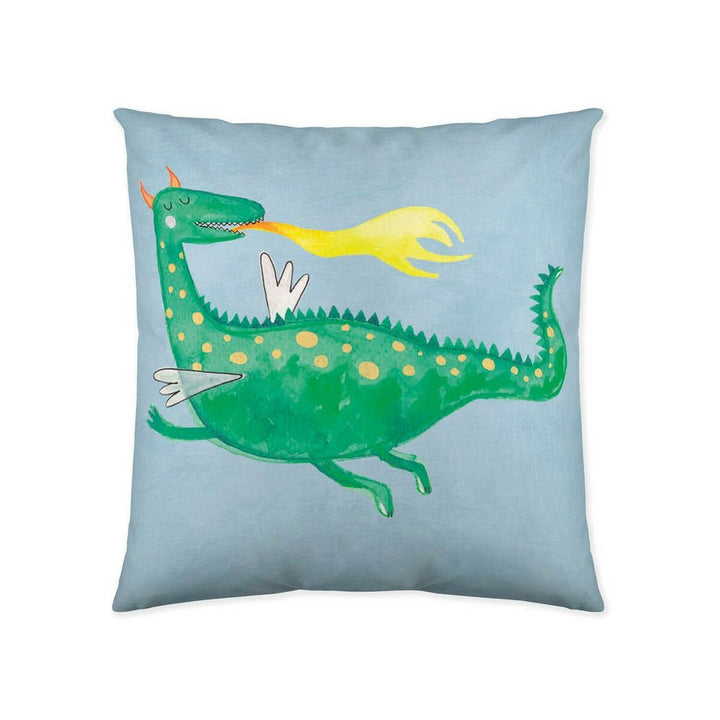 Naturals Drac Kissenbezug (50x50 cm) mit grünem Drachen und gelben Flammen.