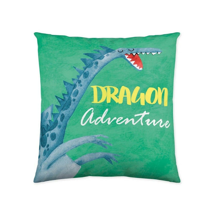 Grüner Kissenbezug mit blauem Drachen und Abenteuer-Schriftzug. Naturals Drac Kissen.