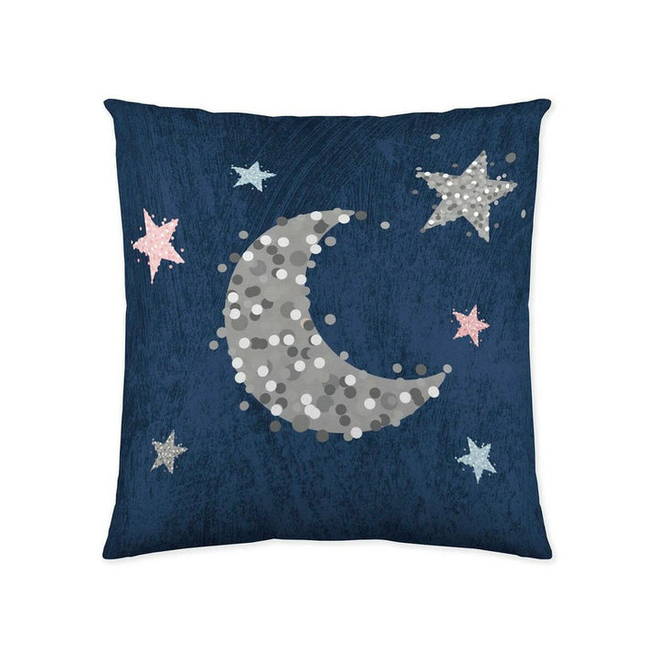Marineblauer Kissenbezug mit Mond und Sterne Muster, 50x50 cm.