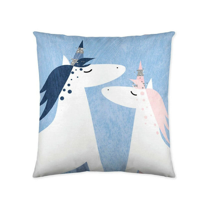 Blauer Kissenbezug mit Einhorn-Motiv (50x50 cm). Dekorativer Bezug mit zwei Einhörnern.