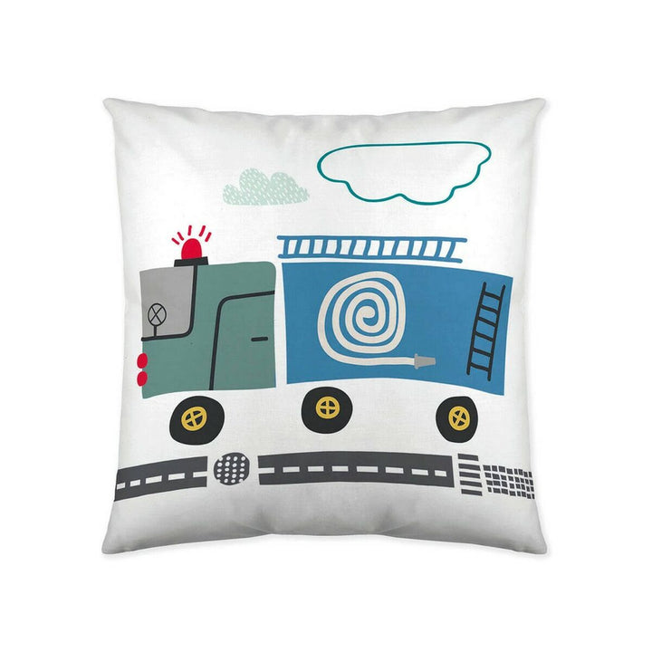 Naturals Kissenbezug mit Feuerwehrwagen Motiv. Buntes Design für Kinderzimmer, 50x50 cm.