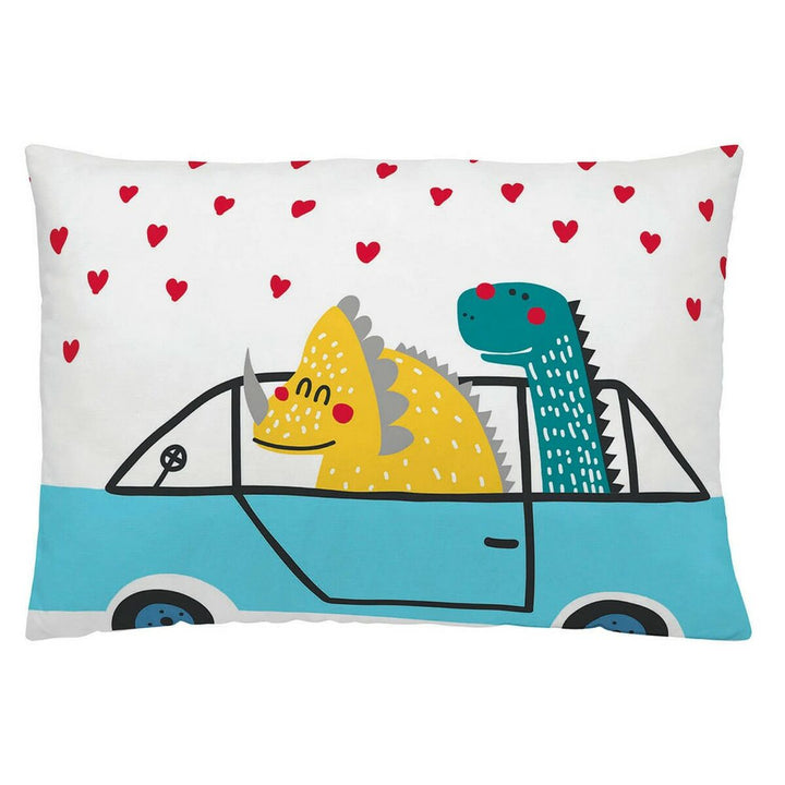 Naturals Severin Kissenbezug mit Dinosaurier-Motiv in einem blauen Auto auf weißem Grund.