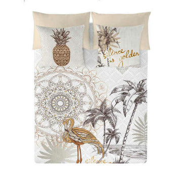 Bettdeckenbezug Naturals Golden mit tropischem Design: Ananas, Palmen, Flamingo und Mandala Muster.