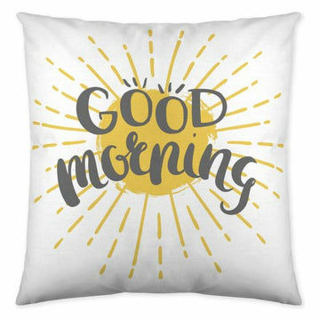 Weißer Kissenbezug mit 'Good Morning' und gelbem Sonnenmuster für Cool Kids.