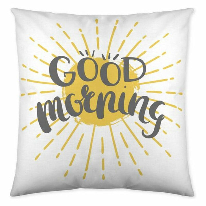 Weißer Kissenbezug mit 'Good Morning' und gelbem Sonnenmuster für Cool Kids.