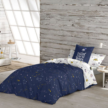 Marineblauer Bettdeckenbezug mit Sternbildmuster, reversible Cool Kids Bettwäsche.