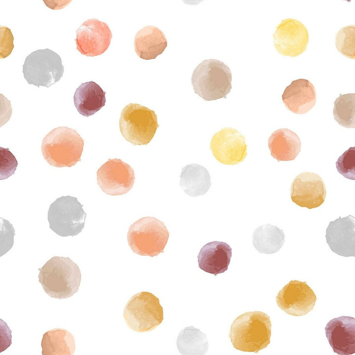 Bettwäsche-Set Inga-Muster: Aquarellpunkte in Gelb, Orange und Grau auf weißem Stoff.
