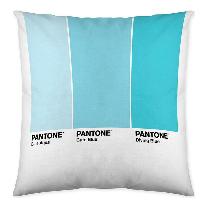 Quadratischer Kissenbezug mit drei blauen Pantone Farbfeldern. Reversibel und dekorativ.
