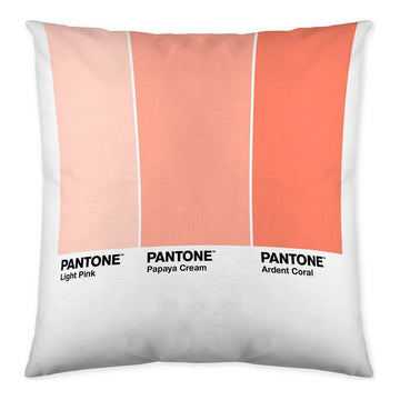 Kissenbezug mit Pantone Farbfeldern in Rosa- und Koralltönen. Reversibler Kissenbezug.