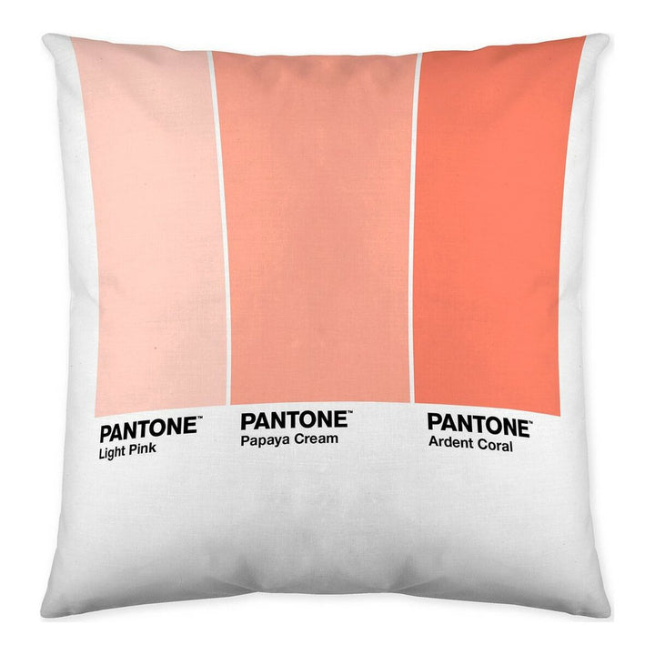 Kissenbezug mit Pantone Farbfeldern in Rosa- und Koralltönen. Reversibler Kissenbezug.