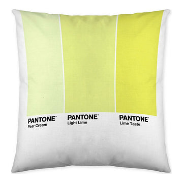 Quadratischer Kissenbezug mit gelben Pantone Farben: Pear Cream, Light Lime und Lime Taste.