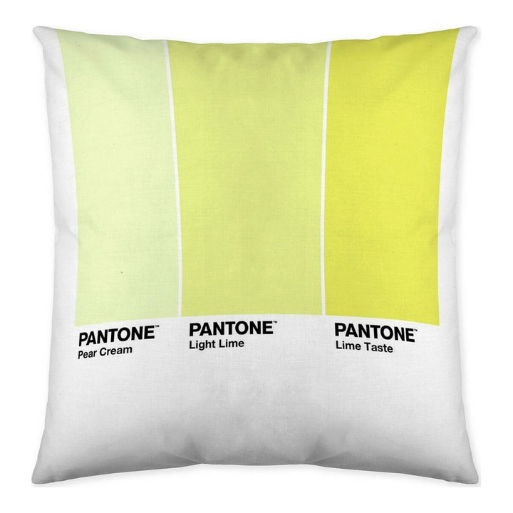 Quadratischer Kissenbezug mit gelben Pantone Farben: Pear Cream, Light Lime und Lime Taste.
