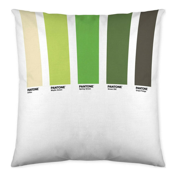 Kissenbezug mit Pantone Farbfeldern in Grün- und Beigetönen. Modernes Design für Sofa oder Bett.