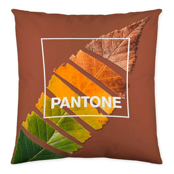 Braun Kissenbezug (50x50 cm) mit Blattmuster und Pantone Logo. Reversibel und dekorativ.