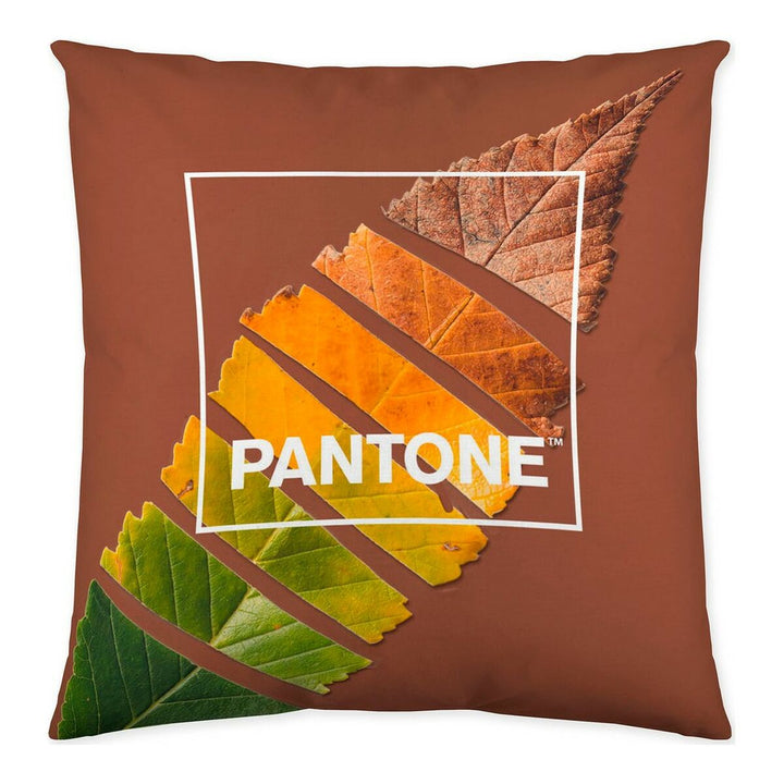 Braun Kissenbezug (50x50 cm) mit Blattmuster und Pantone Logo. Reversibel und dekorativ.