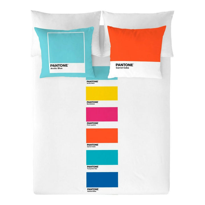 Bettdeckenbezug mit Pantone Farbfeldern und farbigen Kissenbezügen. Fröhliches Design für Ihr Schlafzimmer.