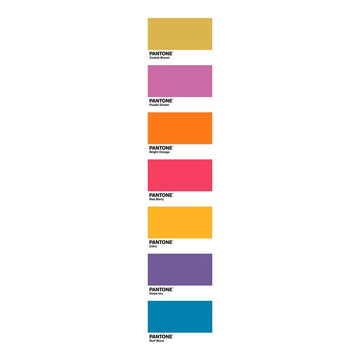 Farbenfroher Bettdeckenbezug mit Pantone Farben: Cookie Brown, Purple Dream, Bright Orange, Red Berry, Citric, Violet Iris, Surf Wave.