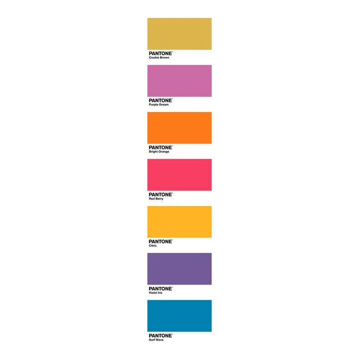 Farbenfroher Bettdeckenbezug mit Pantone Farben: Cookie Brown, Purple Dream, Bright Orange, Red Berry, Citric, Violet Iris, Surf Wave.