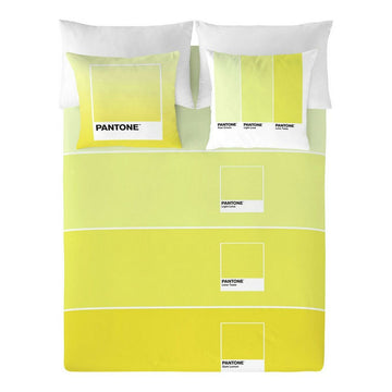 Gelber Bettdeckenbezug mit Ombre-Design und Pantone Farbfeldern. Bettwäsche-Set mit verschiedenen Gelbtönen.