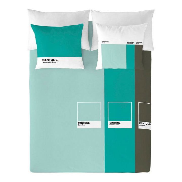 Bettdeckenbezug mit breiten Streifen in Pantone Farben Mermaid Kiss, Calm Sea und Old Leaf.