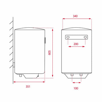 Technische Zeichnung der Teka EWH 30 C Thermosflasche mit allen Maßen. 30 Liter Fassungsvermögen.