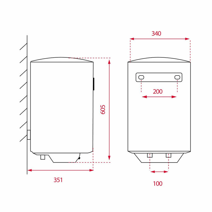 Technische Zeichnung der Teka EWH 30 C Thermosflasche mit allen Maßen. 30 Liter Fassungsvermögen.