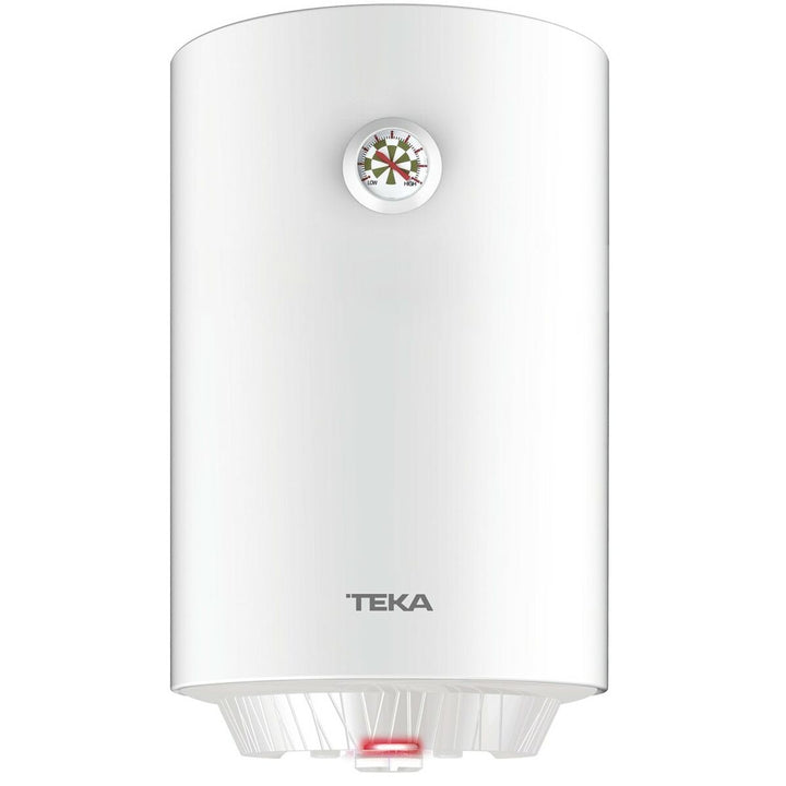 Weiße Teka EWH 30 C Thermosflasche mit Temperaturanzeige und roter Kontrollleuchte.