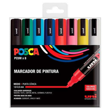 Uni-Ball POSCA Marker-Set mit 8 Farben. Bunte Stifte mit Medium Spitze, ideal zum Malen.