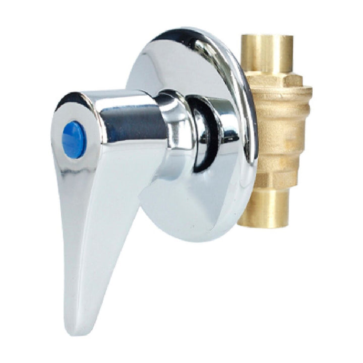 Wasserabsperrhahn aus Messing mit PTFE-Dichtung und verchromtem Griff.
